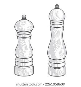 Spice mills sticker vintage monochrome with two wooden grinders for cooking delicious dishes and adding flavor vector illustration