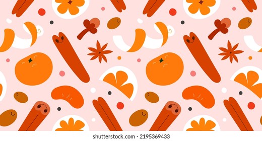 Spice, Orange Zest And Cinnamon Illustrations, Repeat Background, Various Seasoning For Mulled Wine, Food Illustration, Seamless Vector Pattern With Cute Hand Drawn Art, Good As Wrapping Paper Print