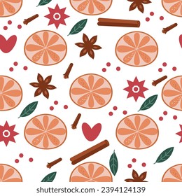 Spice, orange zest and cinnamon seasoning for mulled wine seamless pattern