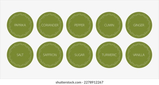 Spice organizer green sticker set. Vector food labels for spices. Labels for marking. Stickers for spices on a white background. Vector illustration in flat style.