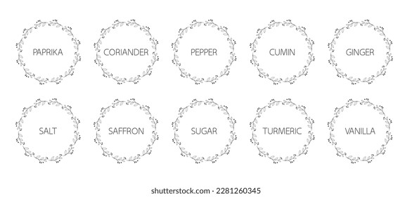 Spice organizer sticker set with black patterns. Vector food labels for spices. Labels for marking. Stickers for spices on a white background. Vector illustration