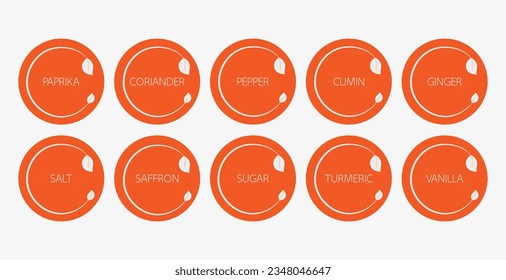 Spice organizer sticker set in orange colors. Vector food labels for spices. Labels for marking. Stickers for spices on a dark background. Vector illustration