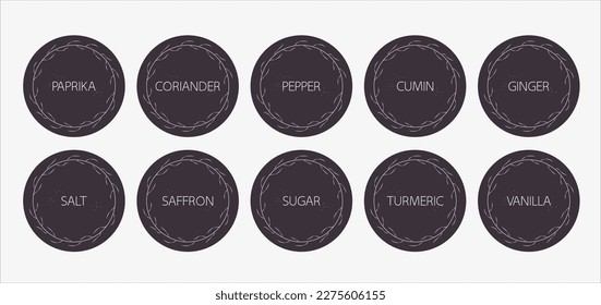 Spice organizer sticker set. Vector food labels for spices. Labels for marking. Stickers for spices on a dark background. Vector illustration