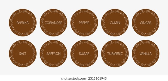 Spice organizer sticker set. Vector food labels for spices. Labels for marking. Stickers for spices on a brown background. Vector illustration