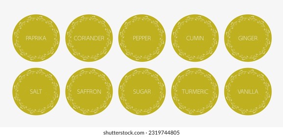 Spice organizer sticker set. Vector food labels for spices. Labels for marking. Stickers for spices on a green-yellow background. Vector illustration