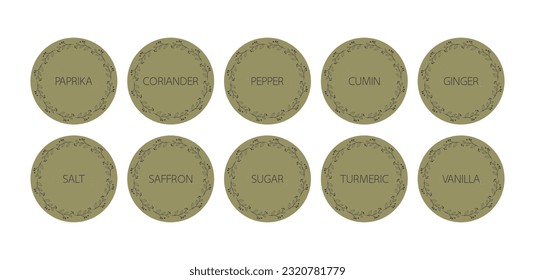 Spice organizer sticker set. Vector food labels for spices. Labels for marking. Stickers for spices on a dark gray background. Vector illustration