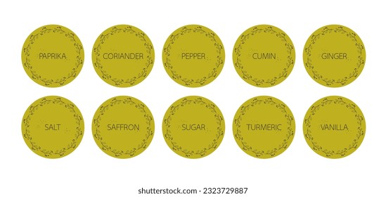 Spice organizer sticker set. Vector food labels for spices. Labels for marking. Stickers for spices on a yellow-green background. Vector illustration