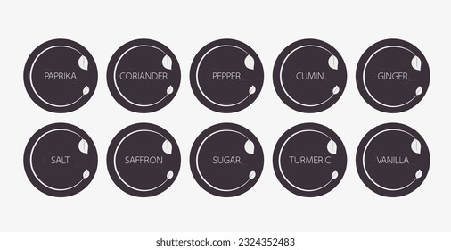 Spice organizer sticker set. Vector food labels for spices. Labels for marking. Stickers for spices on a dark background. Vector illustration