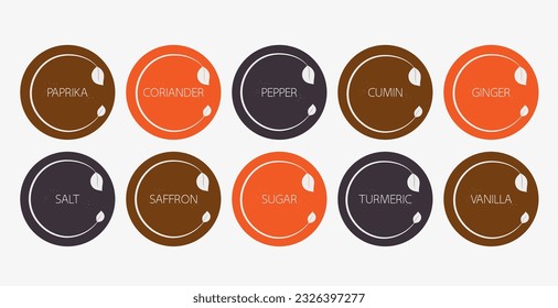 Conjunto de stickers de organizadores de especias. Etiquetas vectoriales de alimentos en diferentes colores. Etiquetas para marcar. Ilustración del vector