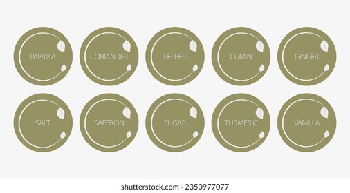 Spice organizer sticker set. Vector food labels for spices. Labels for marking. Stickers for spices on gray background. Vector illustration