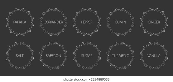 Spice organizer sticker set with white patterns. Vector food labels for spices. Labels for marking. Stickers for spices on a dark background. Vector illustration