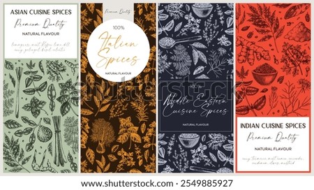 Spice packaging designs set. Herbs and spices sketches. Hand-drawn vectot illustration. Vintage spice labels templates. NOT AI generated
