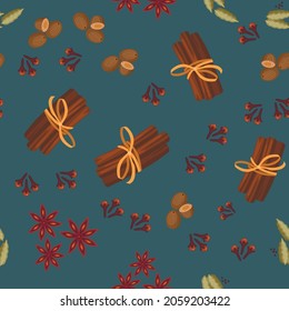 Spice pattern. Cinnamon, badian, cloves and nutmeg on a beautiful turquoise background. Seamless pattern for packing spices, linens, fabric. Vector flat illustration, cartoon style.