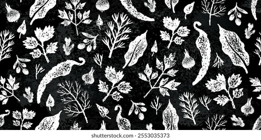 Patrón de especias. Antecedentes alimentarios. Tablero de tiza con pimienta ajo ají albahaca Vector de romero. Pizarra negra, ilustración de crayón sin patrón. Cocina de fondo picante. Textura de dibujo de especias calientes