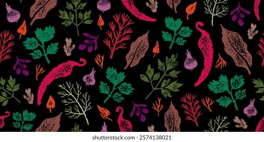 Spice pattern. Food background. Chalk board with pepper garlic chili basil rosemary vector. Black chalkboard with color crayon illustration. Seamless pattern. Kitchen spicy background. Hot spice bg