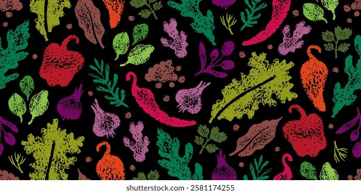 Spice pattern. Food background. Chalk pepper garlic chili basil rosemary jalapeno arugula spinach lettuce vector. Chalkboard with color crayon seamless pattern. Kitchen spicy background. Hot spice bg