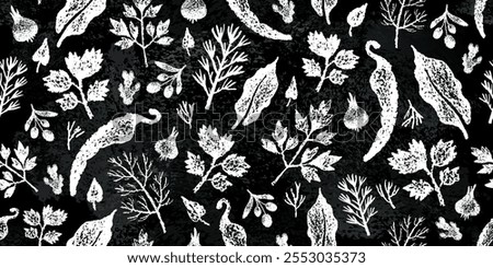 Spice pattern. Food background. Chalk board with pepper garlic chili basil rosemary vector. Black chalkboard, crayon illustration seamless pattern. Kitchen spicy background. Hot spice drawing texture