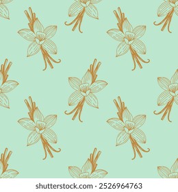 Spice pattern with vanilla flowers gold and pods on light green background.