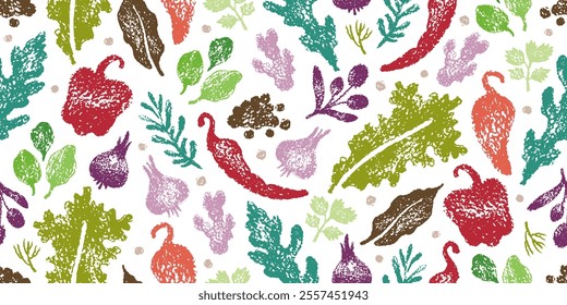 Spice pepper pattern. Food seasoning herb sketch. Indian cook background. Crayon kitchen ingredient vector texture. Seamless hand drawn chalk doodle pattern. Spice pepper olive ginger garlic chilli bg