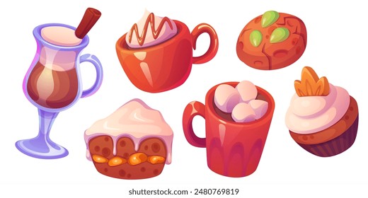 Spice pie latte. Cute fall pumpkin coffee cartoon illustration. Halloween drink and dessert icon elements. Tasty bakery set with red mug isolated design. Cream cappuccino beverage for breakfast