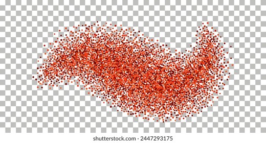 Spice powder splash. Chilli, red pepper, paprika. Spicy wave splatter; seasoned dynamic ground burst.  Vector isolated on transparent background, top view.