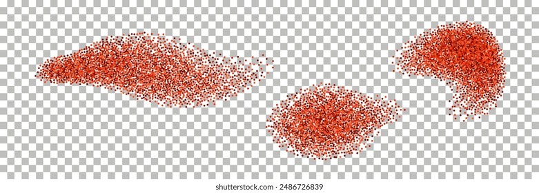 Spice powder splash. Chilli, red pepper, paprika. Spicy wave splatter; seasoned dynamic ground burst. Vector isolated on transparent background, top view.