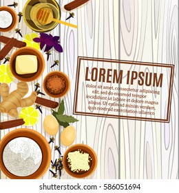 spice products set logo. Many culinary condiments for ginger cookies. Cooking bakery grocery. Tag label design. Holiday kitchen cooking wooden table. Cartoon style vector 