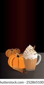 Spice pumpkin latte with cream foam, cinnamon stick and orange pumpkins . Pumpkin Spice Latte served in big glass. Seasonal autumnal coffee drink with spices and pumpkins. Vertical design.