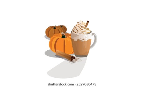 Spice pumpkin latte with cream foam, cinnamon stick and orange pumpkins vector illustration. Pumpkin Spice Latte served in big glass. Seasonal autumnal coffee drink with spices and pumpkins.