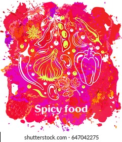 Spice round banner with copyspace on watercolor splash background. Star anise, soy beans, parsley, garlic, cloves, hot chili pepper, sweet pepper, paprika. Seasonings collection. Vector illustration