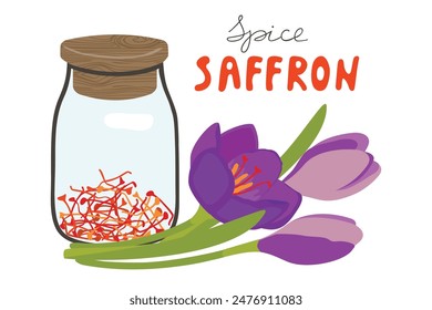 Spice saffron in glass jar with wooden lid.Dried plant stigmas and crocus flower arrangement.White background with hand written.Vector graphic
design for card,poster,banner.Flat cartoon illustration.