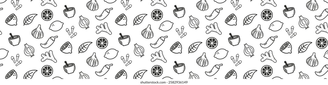 spice seamless pattern background onion garlic ginger, lemon doodle hand drawing