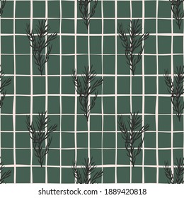 Spice seamless pattern with dark rosemary branches ornament. Green background with check. Perfect for fabric design, textile print, wrapping, cover. Vector illustration.
