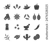 Spice and seasoning glyph icon set. Vector collection condiment with vanilla, clove, hot pepper, cinnamon, anise star, salt shaker, ginger and nutmeg.