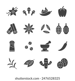 Spice and seasoning glyph icon set. Vector collection condiment with vanilla, clove, hot pepper, cinnamon, anise star, salt shaker, ginger and nutmeg.