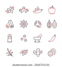 Spice and seasoning line color icon set. Vector collection condiment with vanilla, clove, hot pepper, cinnamon, anise star, salt shaker, ginger and nutmeg.