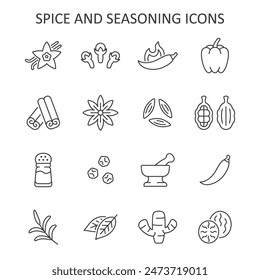 Spice and seasoning line icon set. Vector collection condiment with vanilla, clove, hot pepper, cinnamon, anise star, salt shaker, ginger and nutmeg.