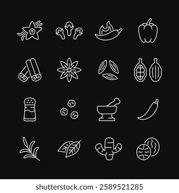 Spice and seasoning line white icon set on black background. Vector collection condiment with vanilla, clove, hot pepper, cinnamon, anise star, salt shaker, ginger and nutmeg. Editable stroke.