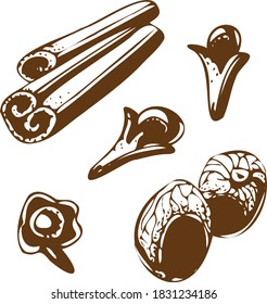 spice set consisting of nutmeg, cloves and cinnamon, ingredients for mulled wine