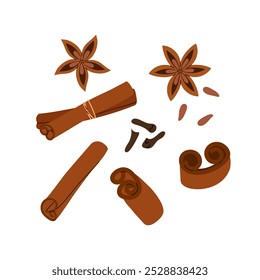 Spice Set. Dried cinnamon, cloves and aniseed. An ingredient for drinks, baking or other cooking. Natural Indian spice. Set of flat vector illustration.