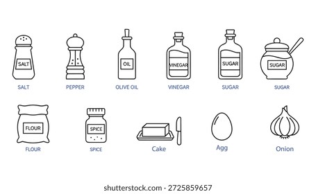 Conjunto de especiarias com sal, pimenta, óleo, vinagre, açúcar, farinha, especiarias, bolo, ovo e recipientes de cebola em ilustração vetorial