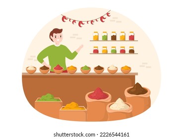 Spice Shop with Different Hot Spices, Condiment, Exotic Fresh Seasoning and Traditional Herbs in Flat Cartoon Hand Drawn Templates Illustration