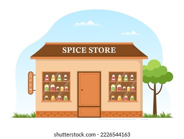 Spice Shop with Different Hot Spices, Condiment, Exotic Fresh Seasoning and Traditional Herbs in Flat Cartoon Hand Drawn Templates Illustration