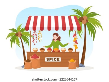 Spice Shop with Different Hot Spices, Condiment, Exotic Fresh Seasoning and Traditional Herbs in Flat Cartoon Hand Drawn Templates Illustration