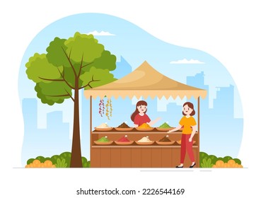 Spice Shop with Different Hot Spices, Condiment, Exotic Fresh Seasoning and Traditional Herbs in Flat Cartoon Hand Drawn Templates Illustration