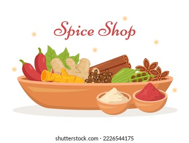 Spice Shop with Different Hot Spices, Condiment, Exotic Fresh Seasoning and Traditional Herbs in Flat Cartoon Hand Drawn Templates Illustration