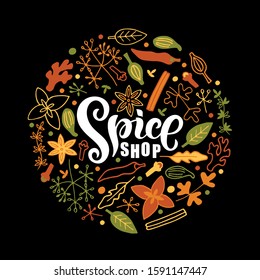 Spice shop handwritten text. Doodle style elements set (herbs, leaves, spices) in green, orange, yellow colors. Design for poster, logo, print. Spice shop, store, market. Vector illustration EPS10