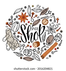 Spice Shop Logo. Round Frame With Doodle Outline Vector Spices And Lettering,. Flavor Cooking Ingredient. For Farmers Market, Business, Farm Design, Local Shop Packaging Label, Poster, Sticker.