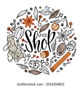 Spice Shop Logo. Round frame with Doodle Outline vector spices and lettering,. Flavor cooking ingredient. For farmers market, business, farm design, local shop packaging label, poster, sticker.