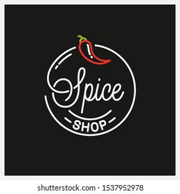 Spice shop logo. Round linear logo of chili pepper spice on black background